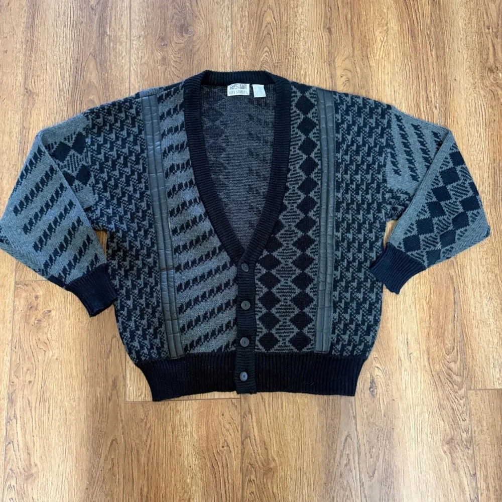 City Streets VTG‎ 90s Geometric Knit Cardigan Sweater Faux Leather Trim Mens L